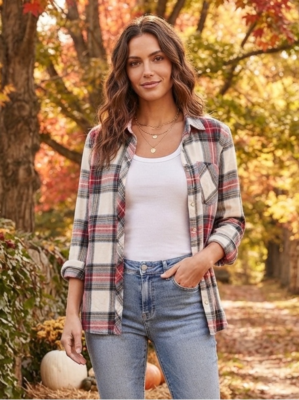 Plaid Button-Down Shirt in Ivory and Red